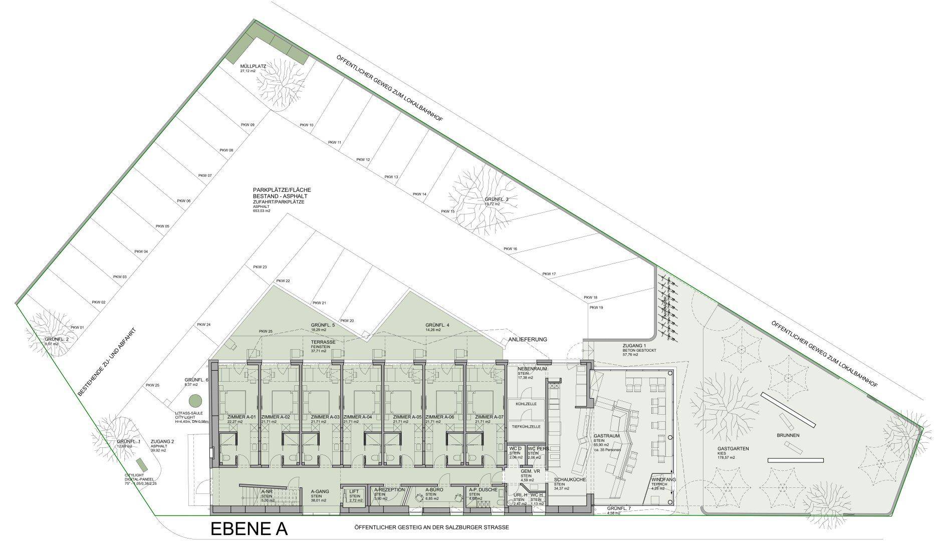 Grundriss der Ebene A mit mehreren Zimmern, einer Terrasse und einem großen Parkplatzbereich.