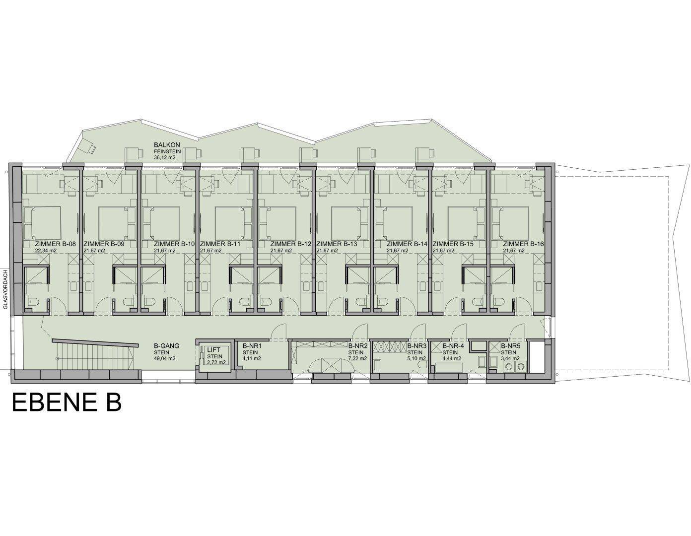 Grundriss der Ebene B mit mehreren Zimmern, einem Balkon und einem Aufzug für bequemen Zugang.
