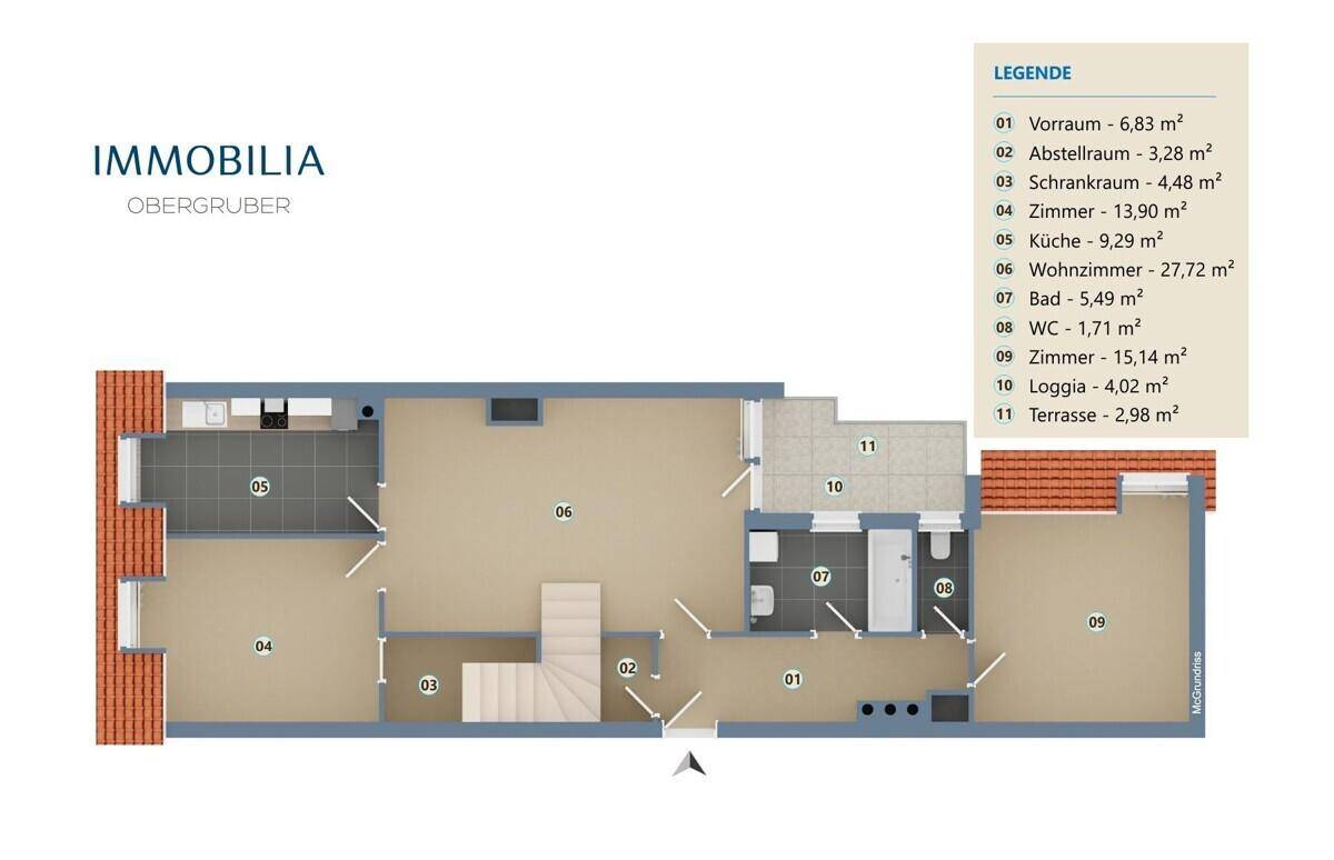Detaillierter Grundriss einer Wohnung mit Küche, Wohnzimmer, Bad, WC, Loggia und Terrasse.