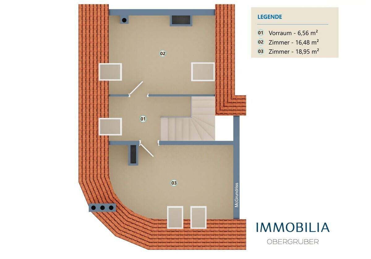 Grundriss einer weiteren Etage mit drei Zimmern und Treppenaufgang, gekennzeichnet durch Dachschrägen.