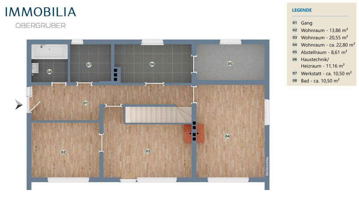 Grundrissplan des Untergeschosses mit Werkstatt, Heizraum und Badezimmer.