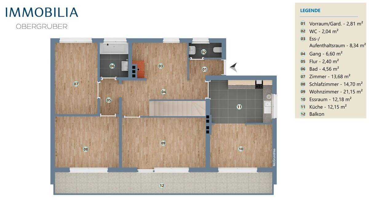 Detaillierter Grundriss einer Wohnung mit mehreren Zimmern, Küche, Bad und einem Balkon.