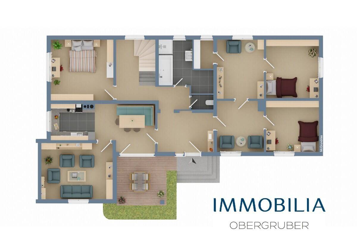 Möblierter Grundriss des Erdgeschosses mit Wohnzimmer, Küche, Schlafzimmern und Terrasse.