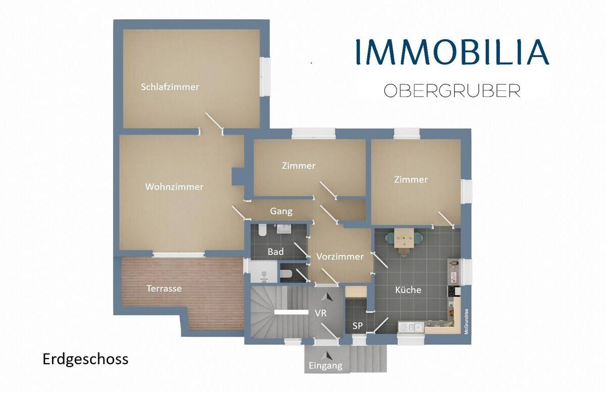 Grundriss des Erdgeschosses mit Wohnzimmer, Schlafzimmer, Küche, Bad und Zugang zur Terrasse.
