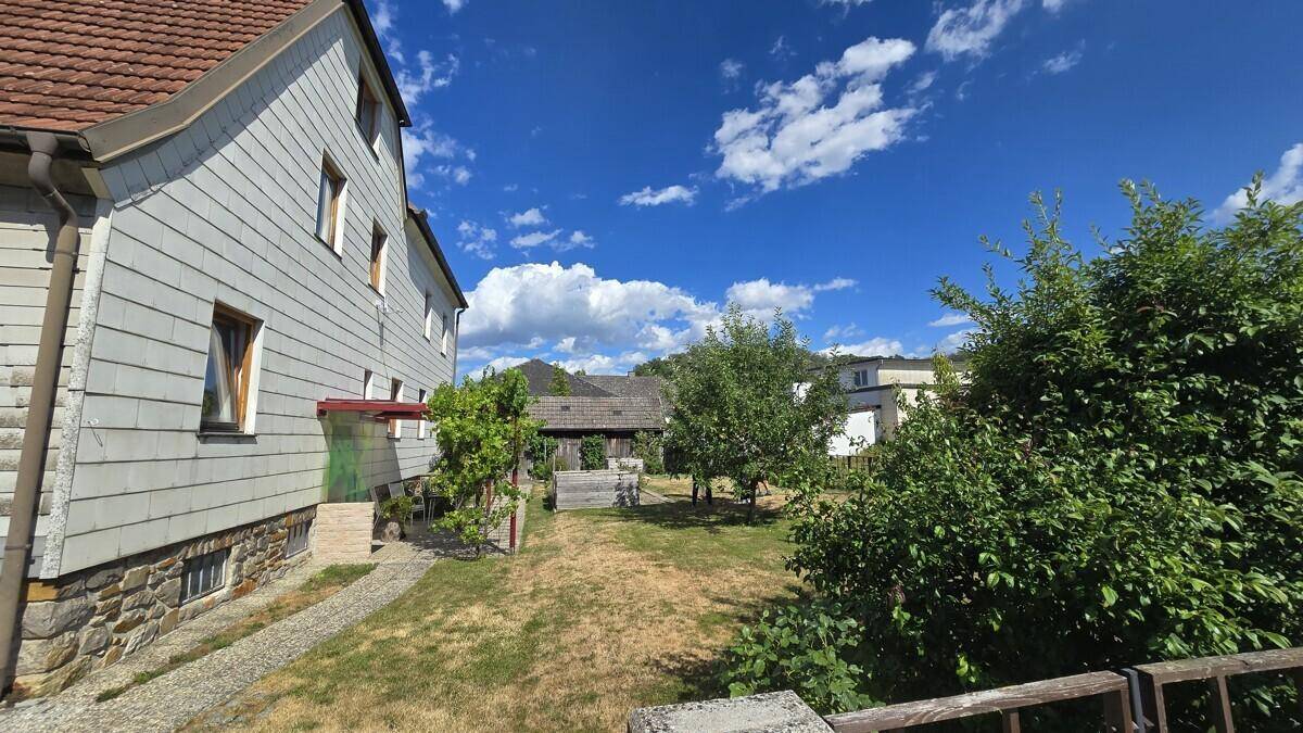 Blick in den weitläufigen Gartenbereich mit Rasen, Bäumen und dem Haus im Hintergrund.