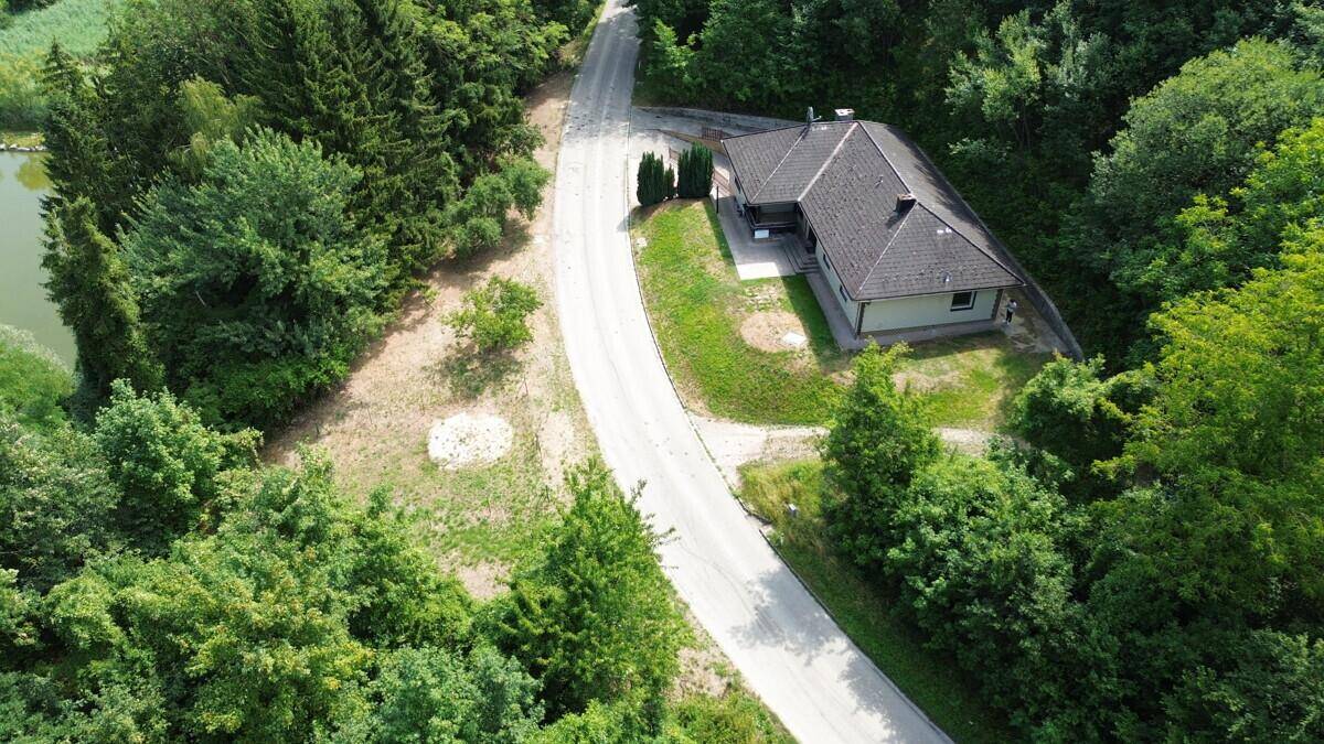 Panoramablick aus der Luft auf das Haus, umgeben von Wald und einem nahegelegenen Teich.