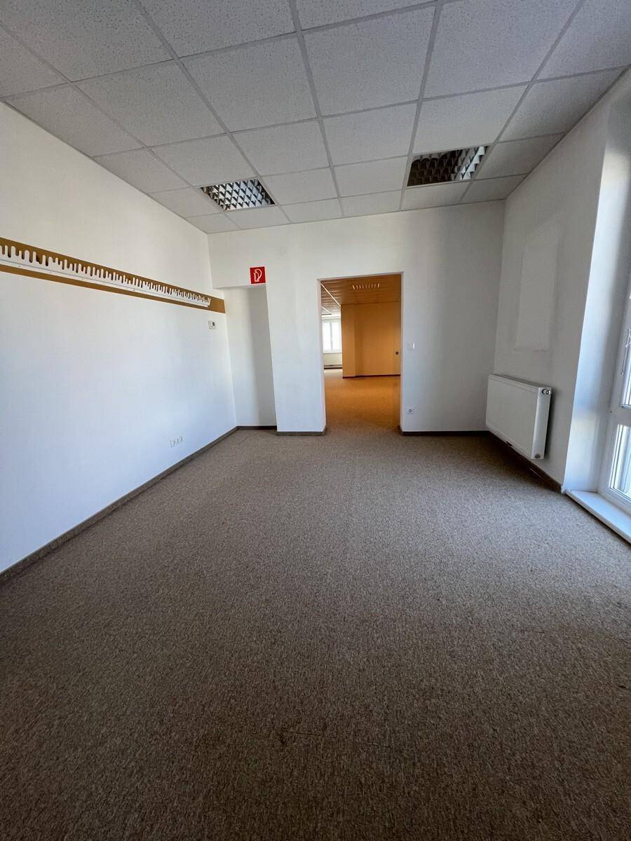 Leerer Büroraum mit Teppichboden und Zugang zu weiteren Räumen, ausgestattet mit Standardbeleuchtung.