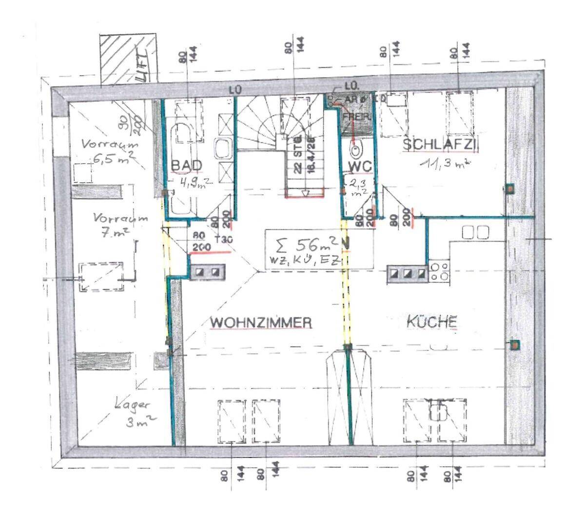 Grundriss des Dachgeschosses mit Wohnzimmer, Küche, Bad, WC und Schlafzimmer.