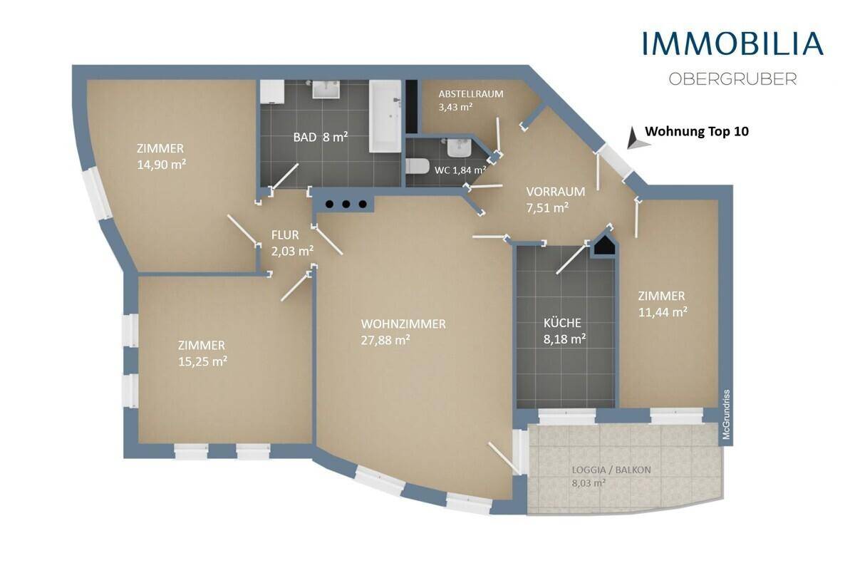Detaillierter Grundriss der Wohnung mit Raumaufteilung und Flächenangaben.