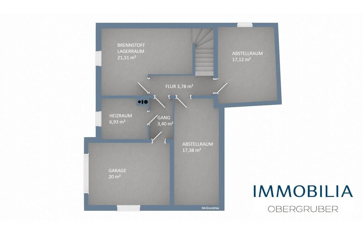 Grundriss des Untergeschosses mit Heizraum, Lagerraum, Abstellräumen und Garage.