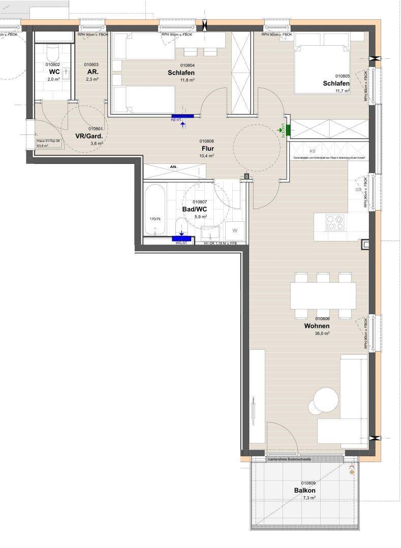 Grundriss einer Wohnung mit drei Schlafzimmern, offenem Wohnbereich und Balkonzugang.