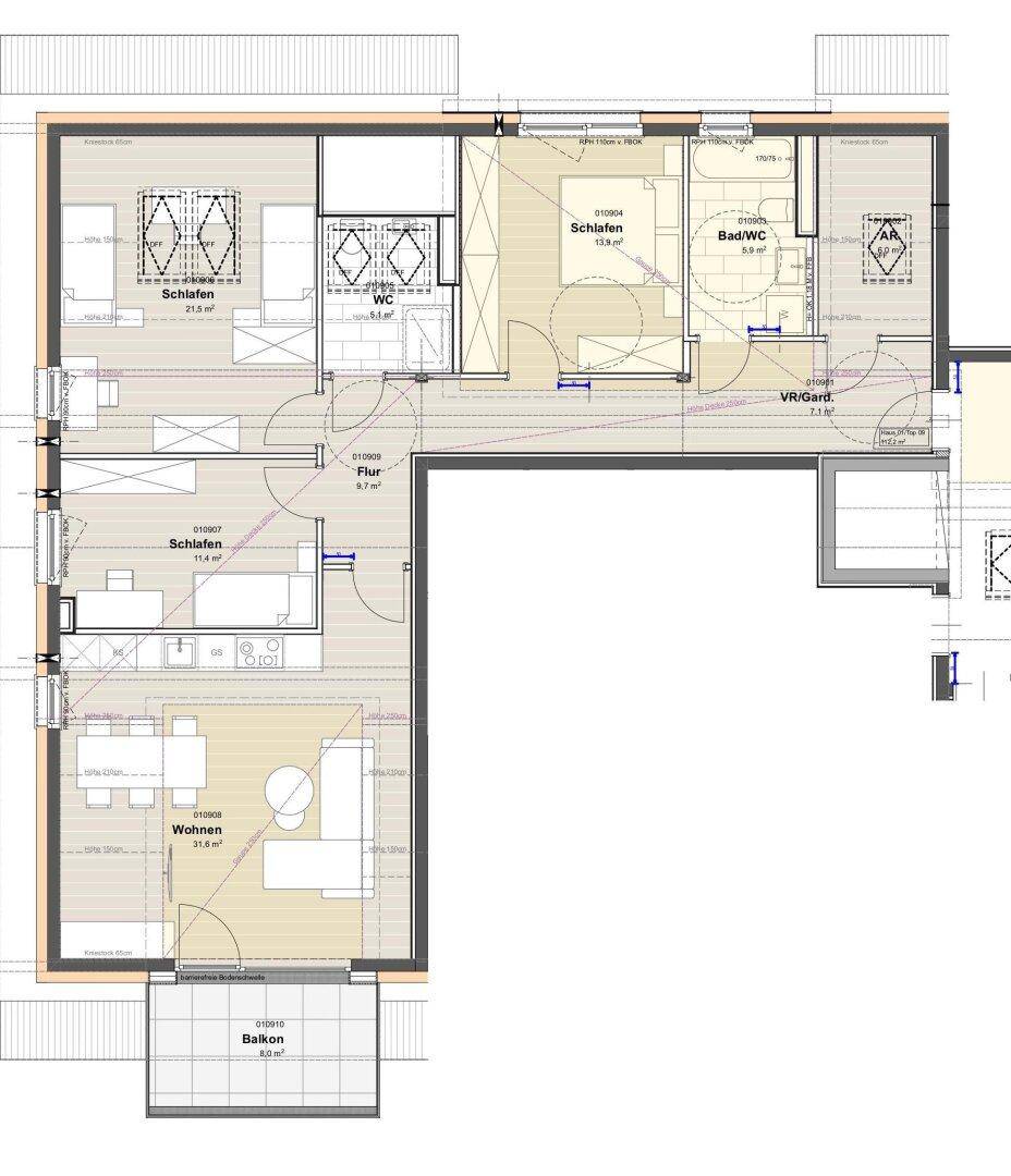 Detaillierter Grundriss einer Wohnung mit drei Schlafzimmern, Wohnbereich und Balkon.