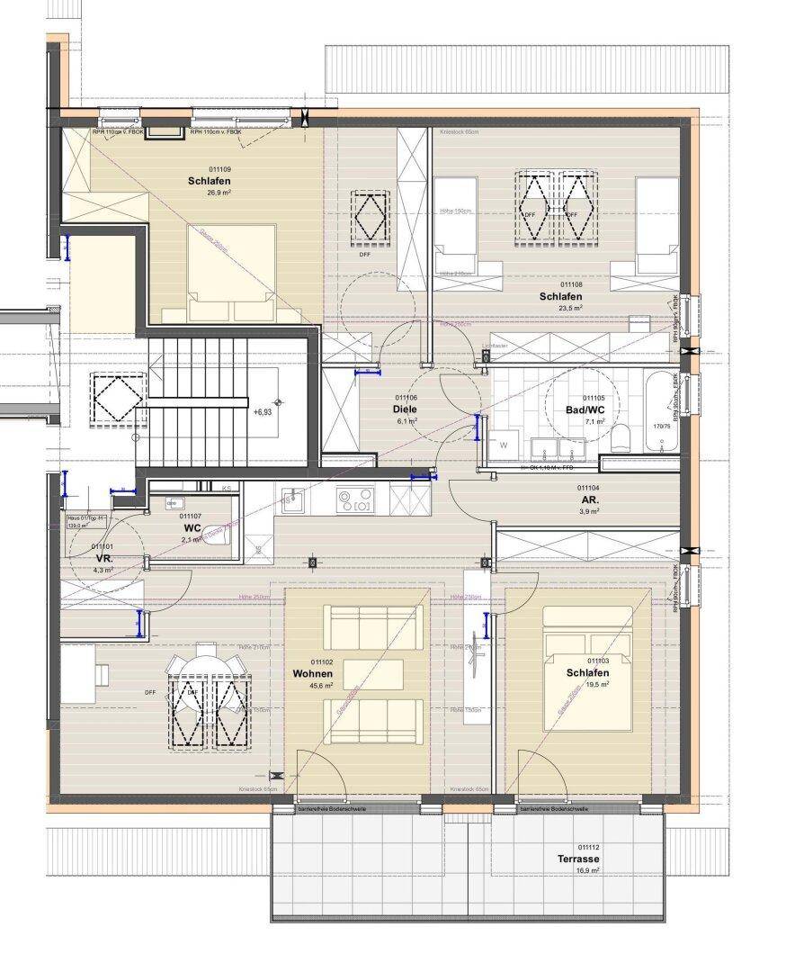 Detaillierter Grundriss einer Wohnung mit drei Schlafzimmern, zwei Bädern und Terrasse.