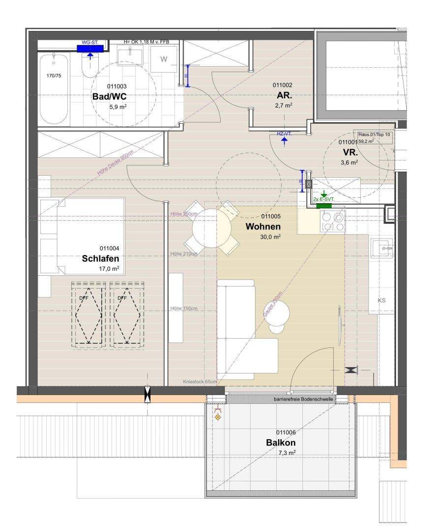 Grundriss einer Wohnung mit Schlafzimmer, Wohnbereich, Bad und Balkon.