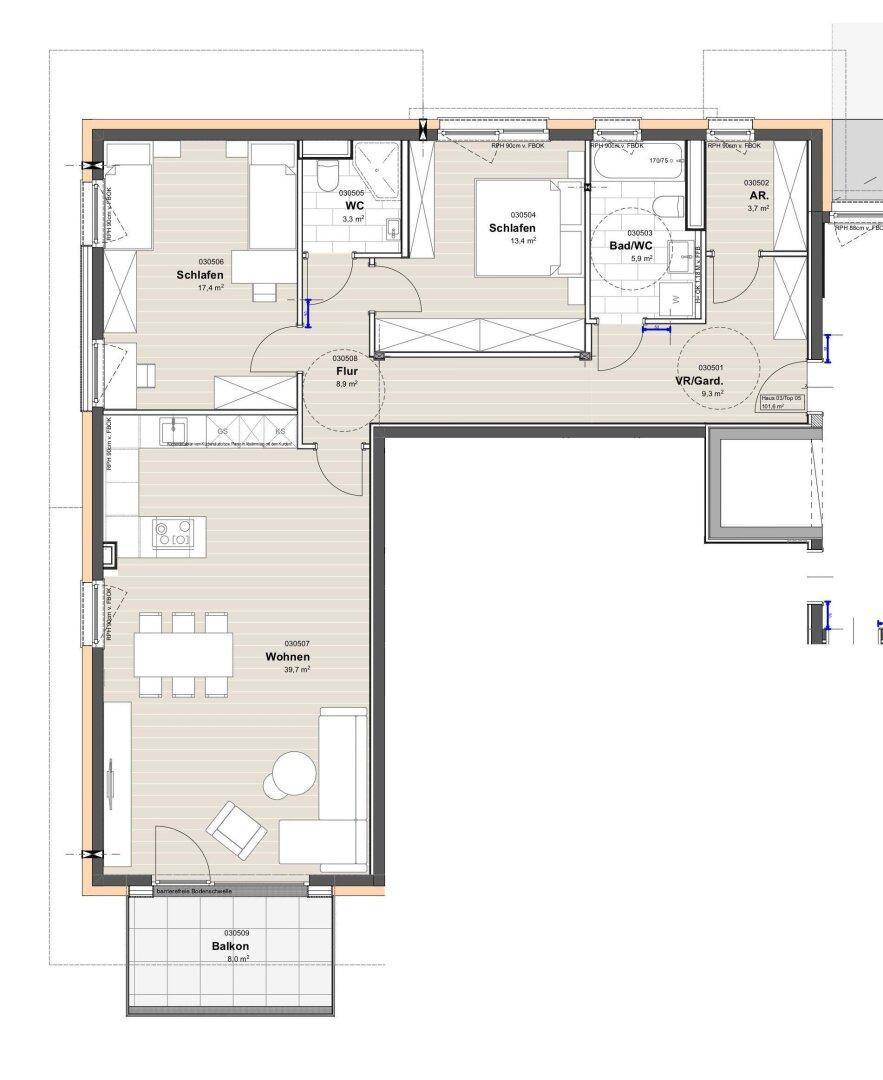 Detaillierter Grundriss einer Wohnung mit zwei Schlafzimmern, zwei Bädern, offenem Wohnbereich und Balkon.