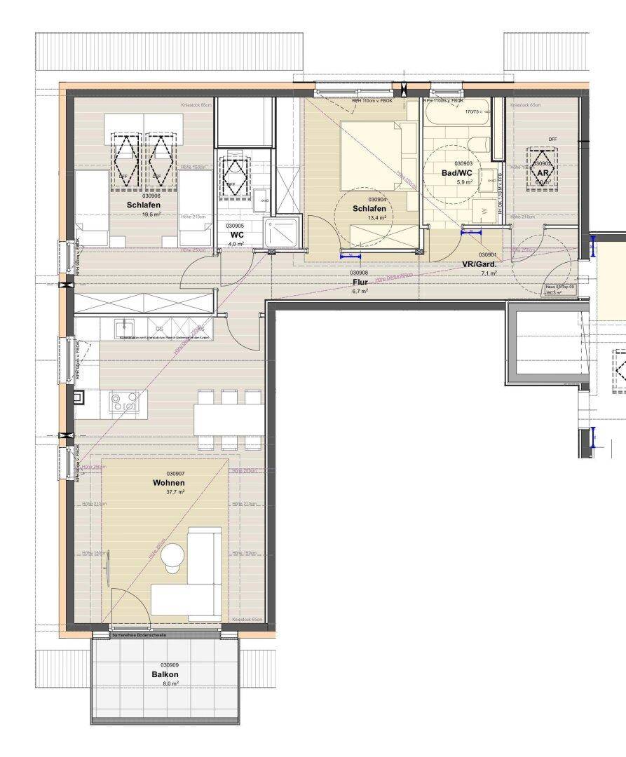 Detaillierter Grundriss einer Wohnung mit drei Schlafzimmern und Balkon.
