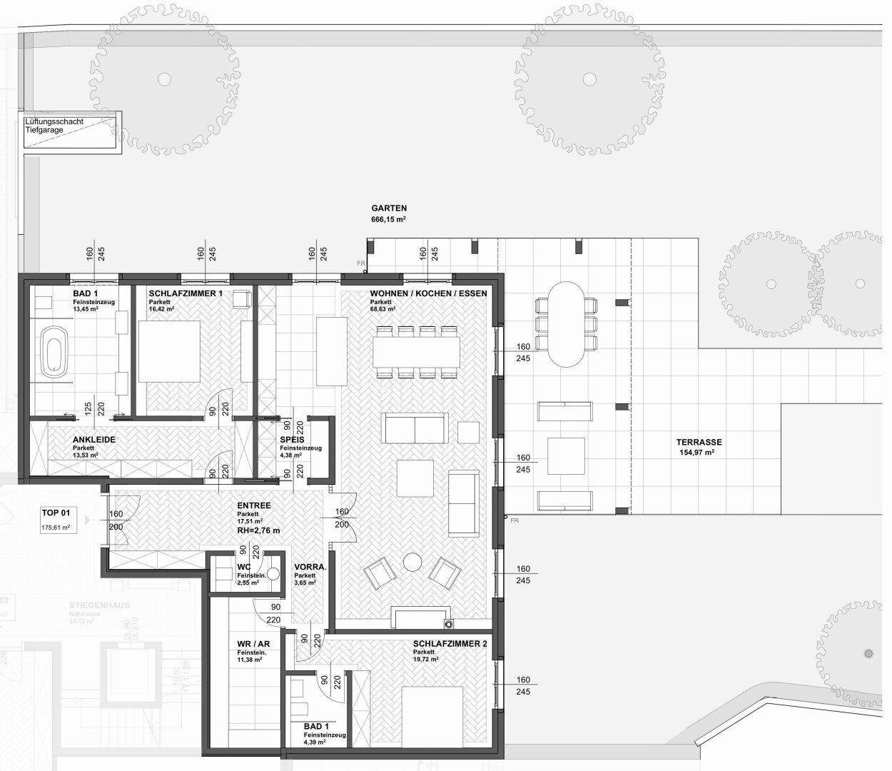 Detaillierter Grundriss einer Wohnung mit drei Schlafzimmern, großer Terrasse und Garten.