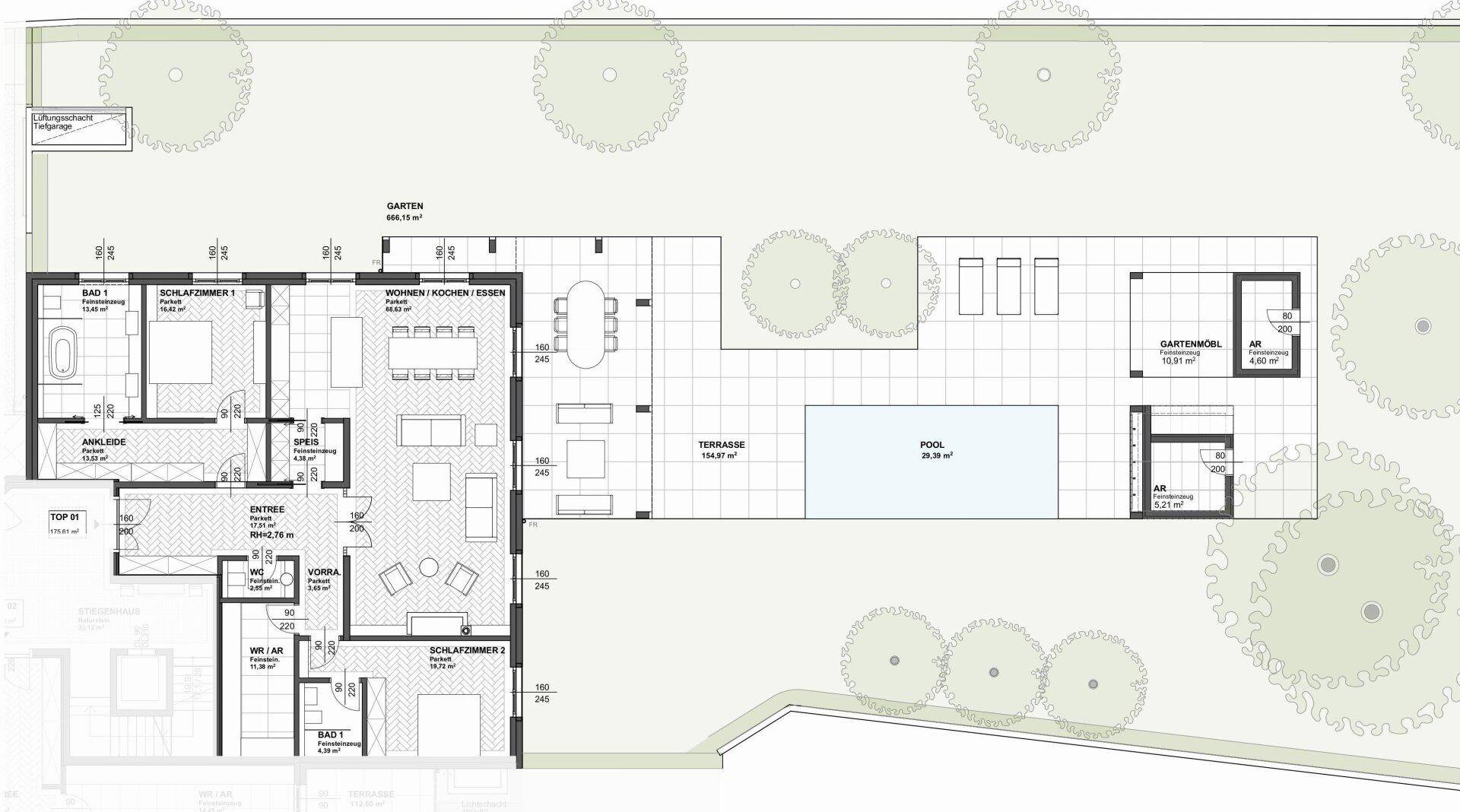 Grundriss einer Wohnung mit offenem Wohnbereich, großer Terrasse, Garten und privatem Pool.