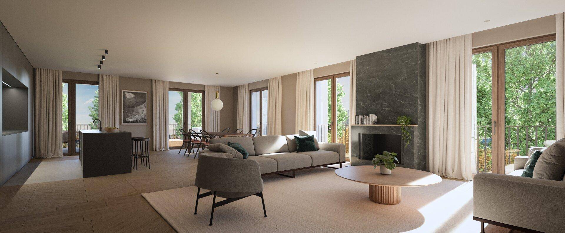 Heller, offener Wohn- und Essbereich mit modernem Kamin und Zugang zu großen Fenstern.