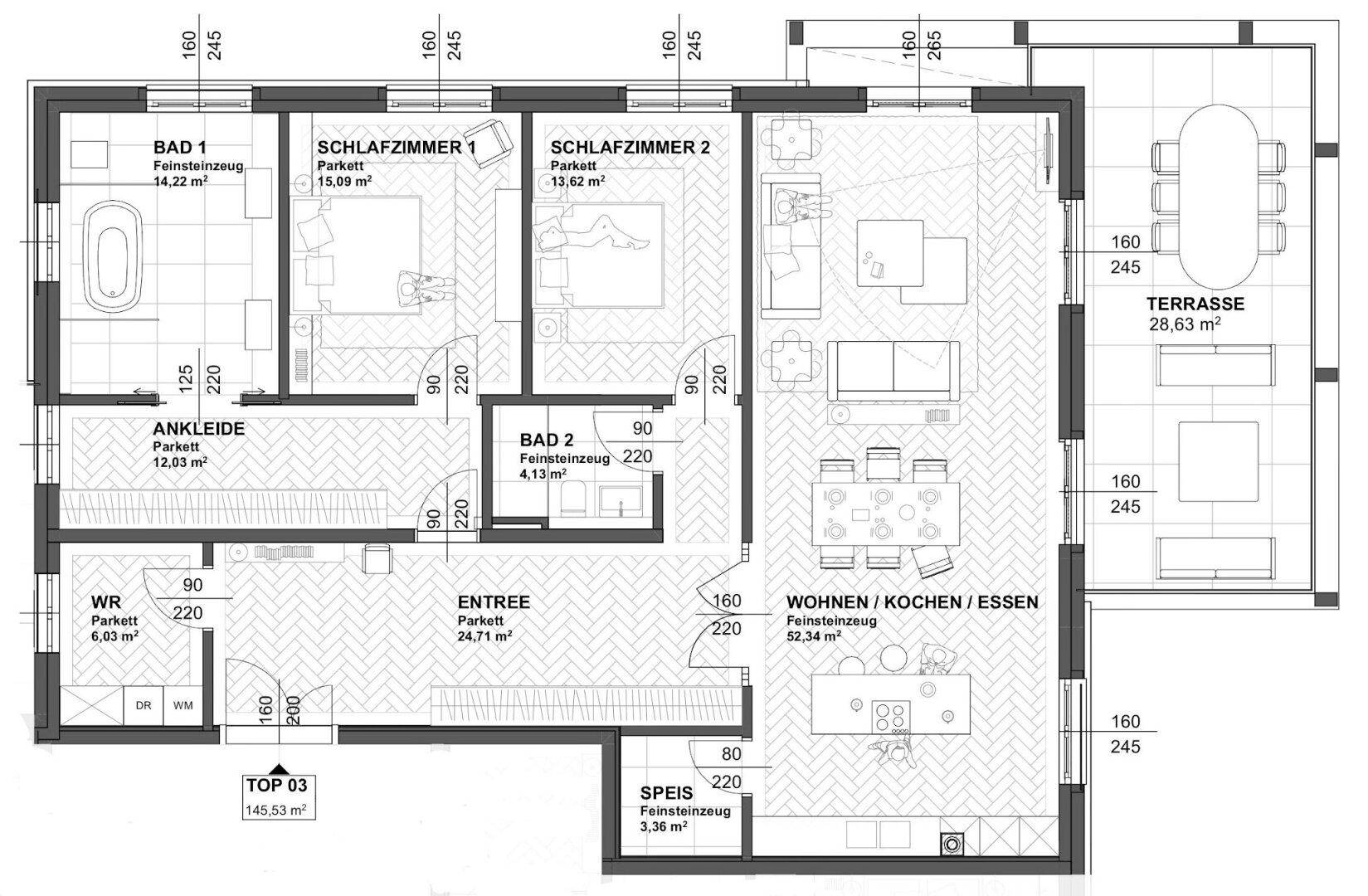 Detaillierter Grundriss einer Wohnung mit offenem Wohnbereich, zwei Schlafzimmern und großer Terrasse.