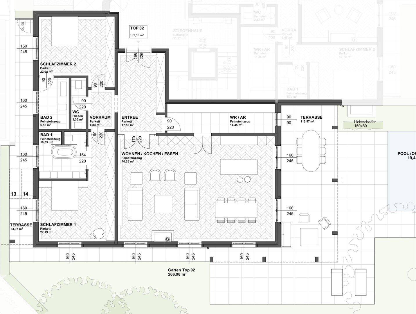 Detaillierter Grundriss der Wohnung Top 02 mit Wohn-, Koch- und Essbereich sowie zwei Schlafzimmern.