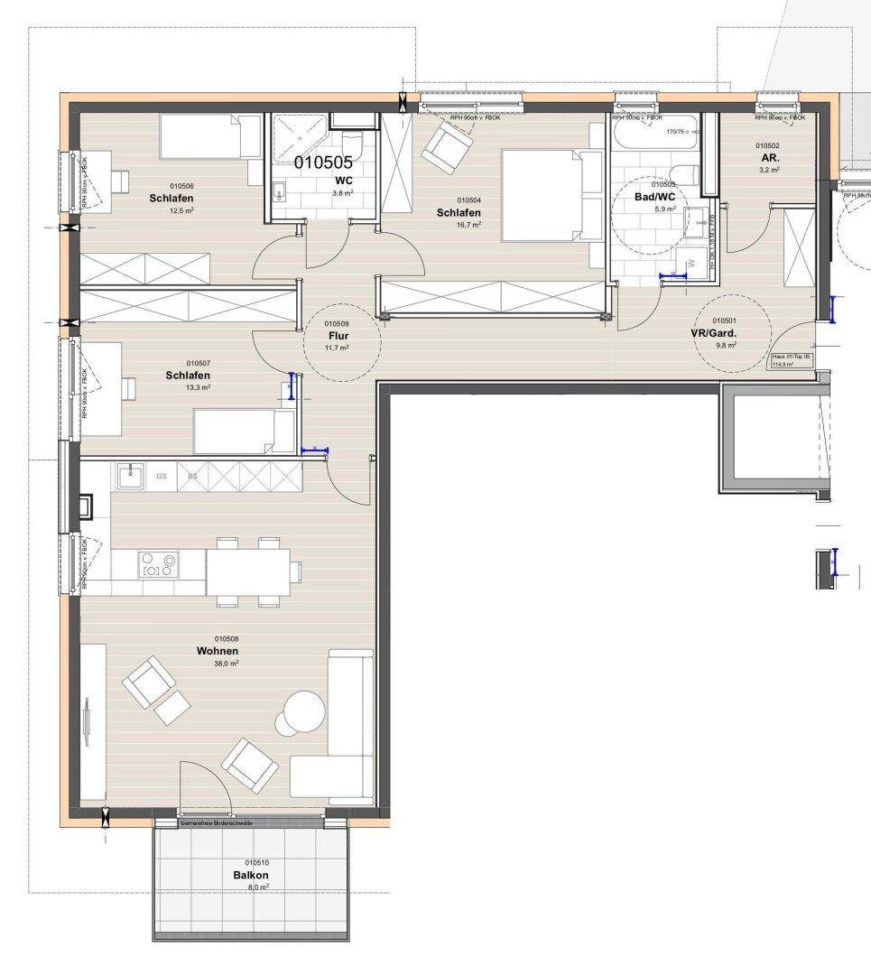 Detaillierter Grundriss einer Wohnung mit drei Schlafzimmern, offenem Wohnbereich und Balkon.