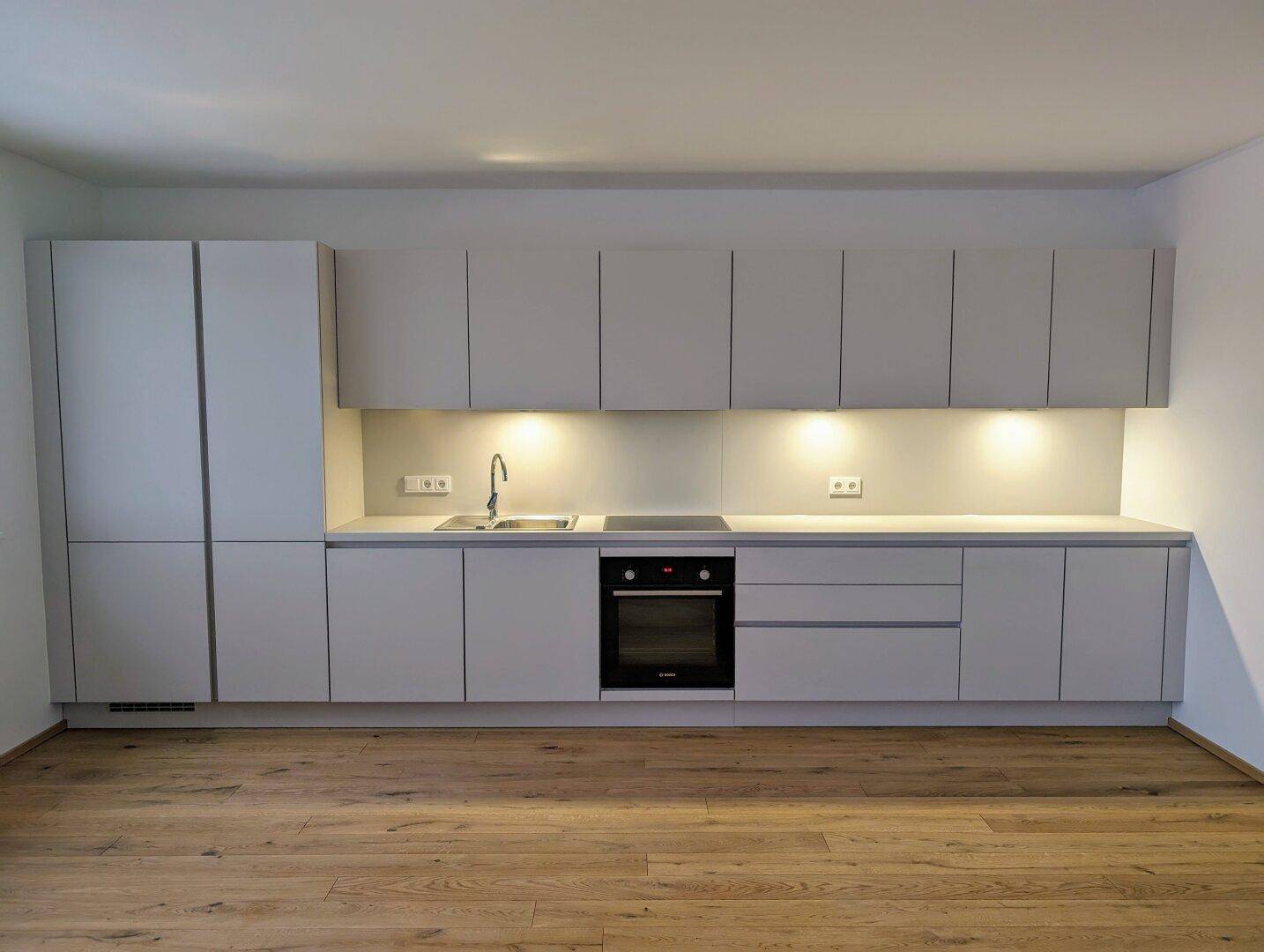 Moderne Einbauküche mit hellgrauen Schränken, integriertem Backofen und Induktionskochfeld auf Holzboden.