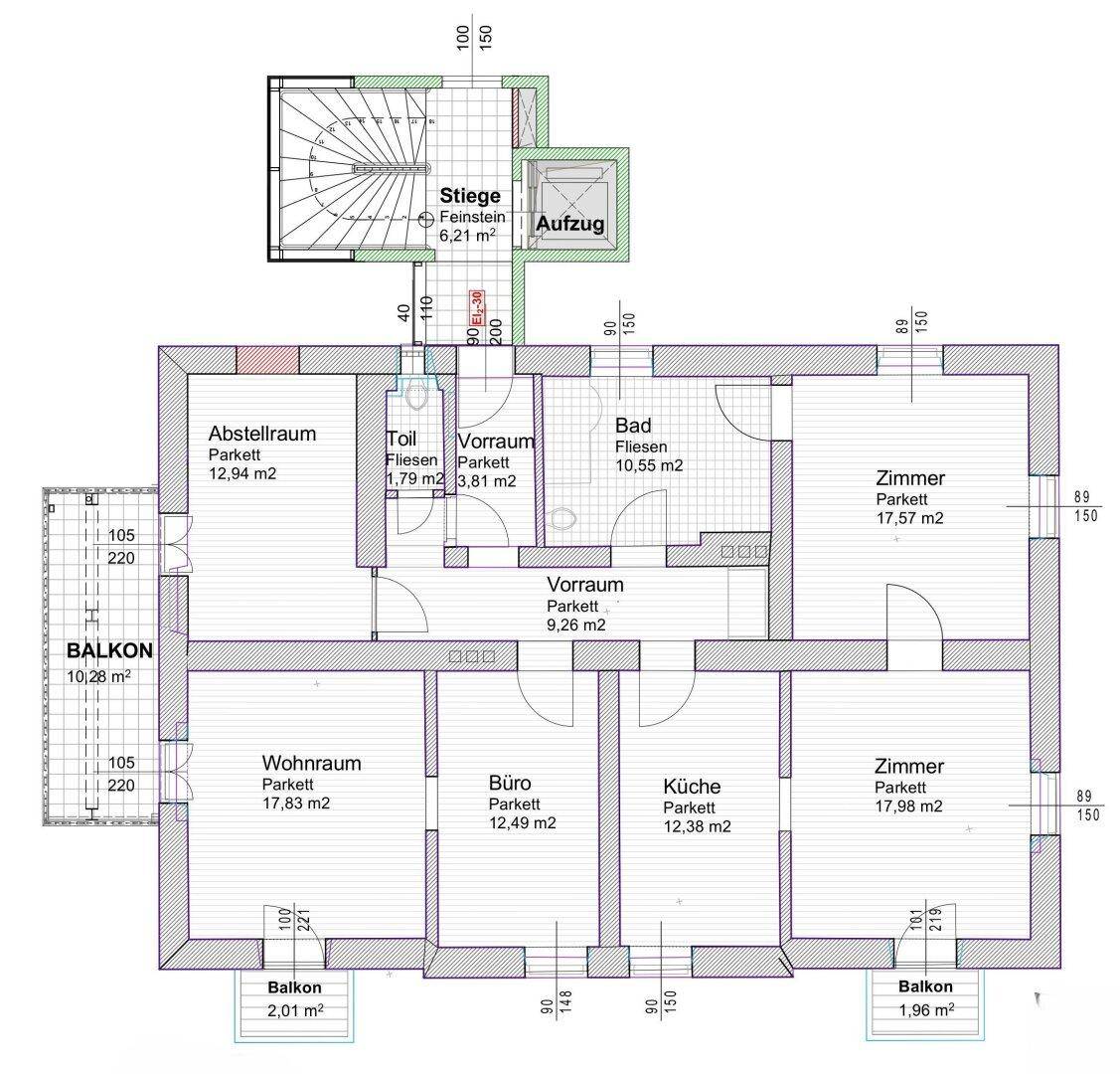 Detaillierter Grundriss einer Etage mit mehreren Zimmern, Küche, Bad und Balkonen sowie Aufzugzugang.