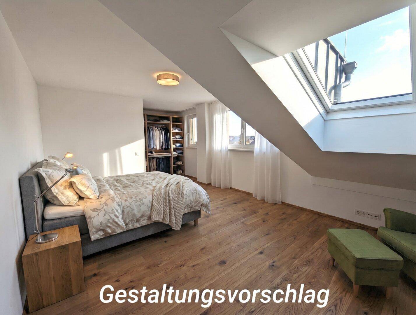 Helles Schlafzimmer mit Holzboden, offenem Kleiderschrank und großem Dachfenster für viel Licht.