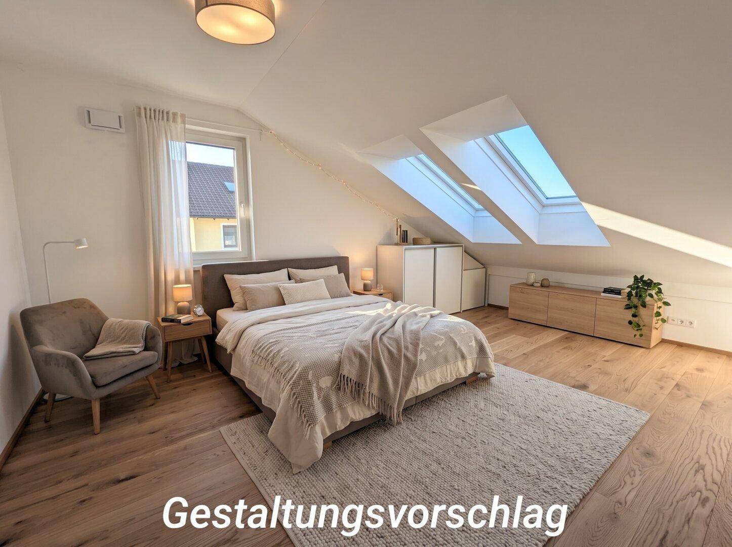 Gemütliches Schlafzimmer mit Holzboden, Dachschrägen und zwei Dachfenstern für viel Licht.
