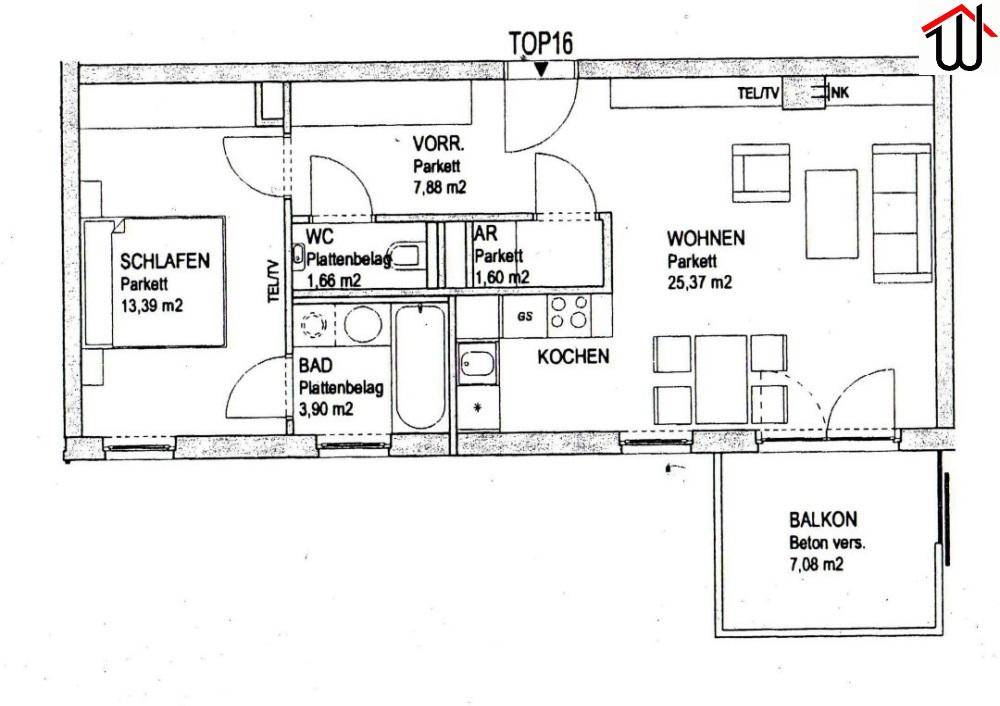 Grundriss der Wohnung TOP16 mit Schlafzimmer, Bad, Küche, Wohnbereich und Balkon.