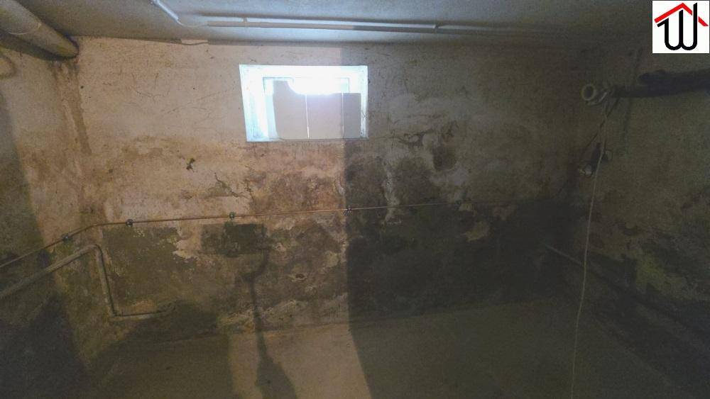 Dunkler Kellerraum mit rauen Wänden, sichtbaren Rohren und kleinem Fenster, renovierungsbedürftig.