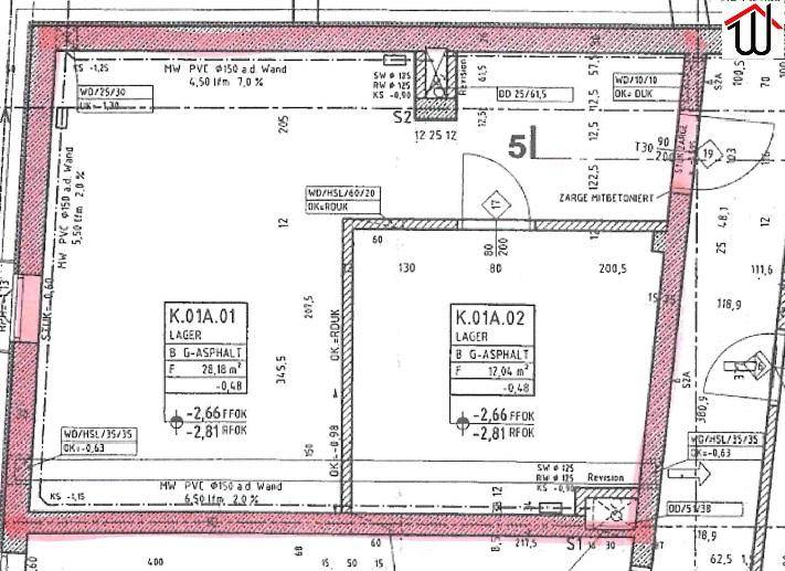 Grundrissplan zeigt zwei separate Lagerräume mit detaillierten Abmessungen und technischen Angaben.