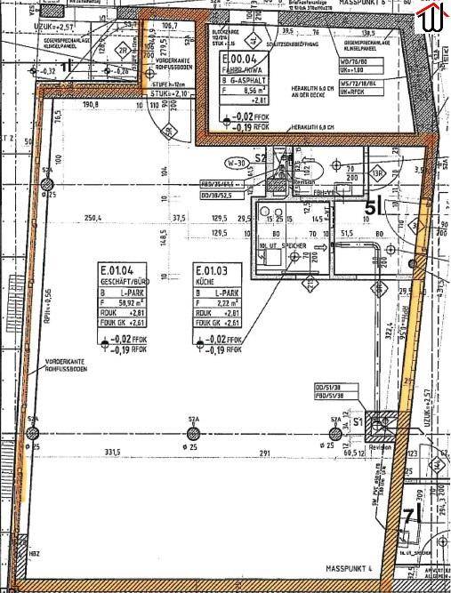 Detaillierter Grundrissplan mit Raumaufteilung und Flächenangaben für Büro und Küche.