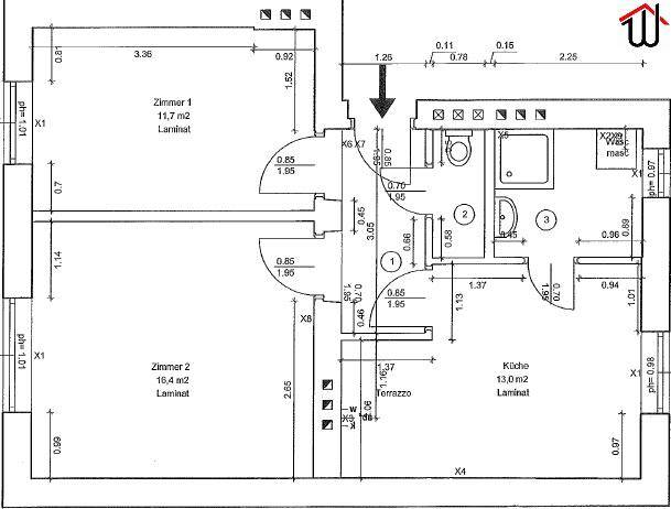 Grundriss der Wohnung mit zwei Zimmern, Küche, Bad und Terrasse, detailliert bemaßt.