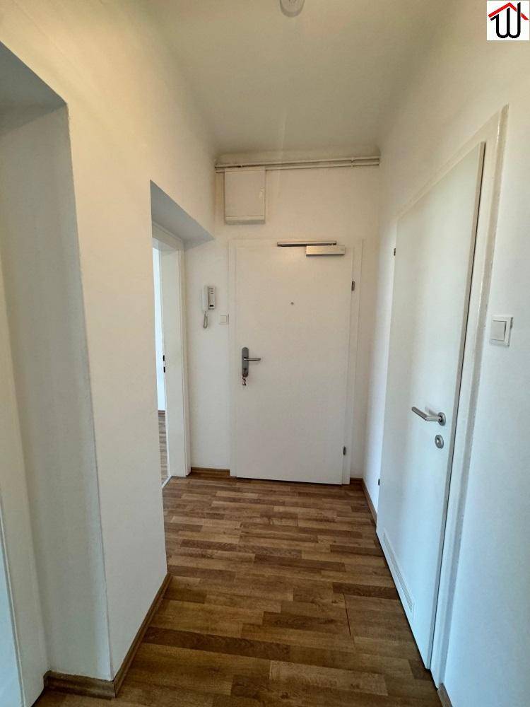 Heller Eingangsbereich mit Laminatboden und weißen Türen, der zu weiteren Räumen führt.