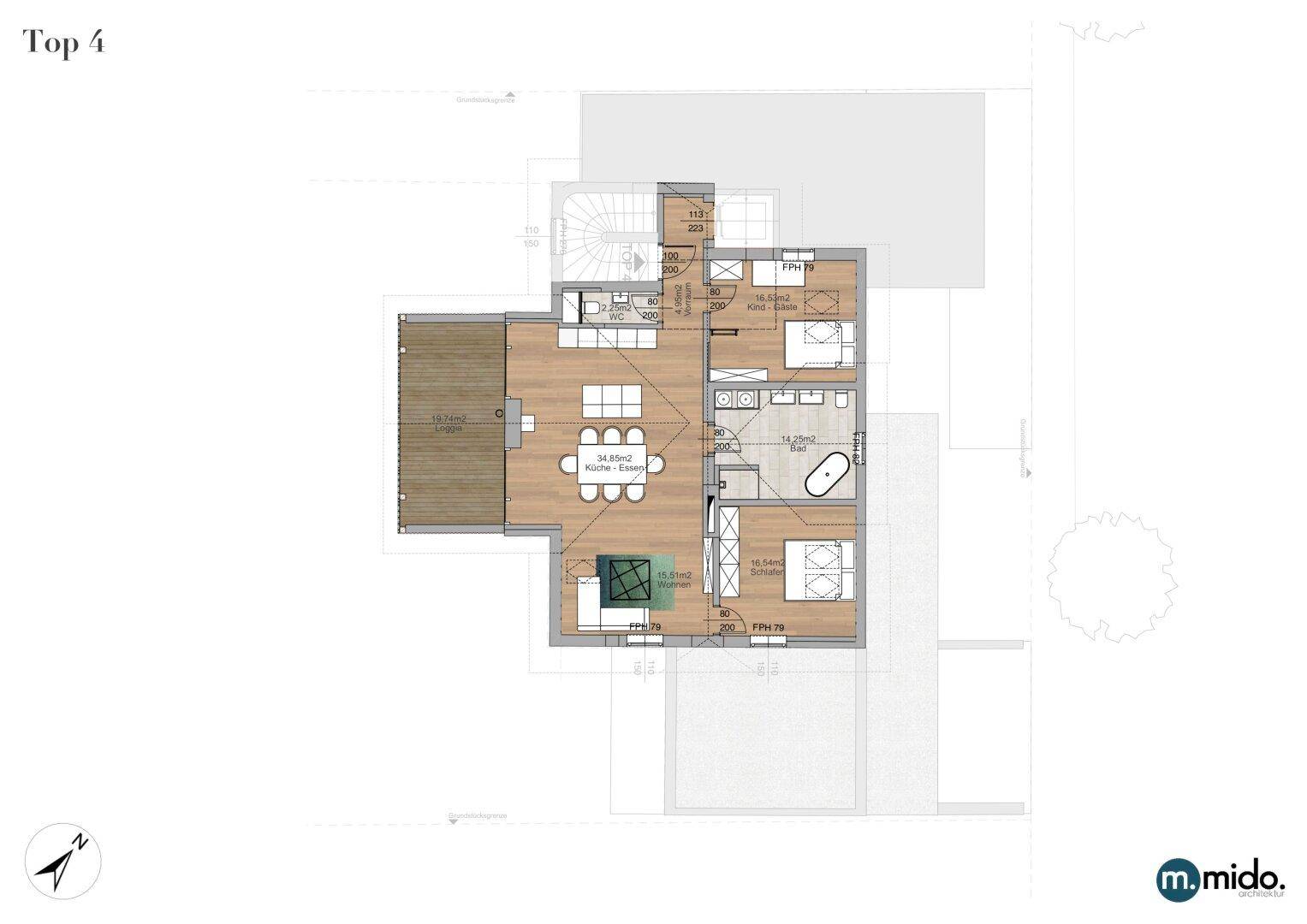 Grundriss der Einheit Top 4 mit offenem Wohnbereich, Schlafzimmer, Bad und großer Terrasse.
