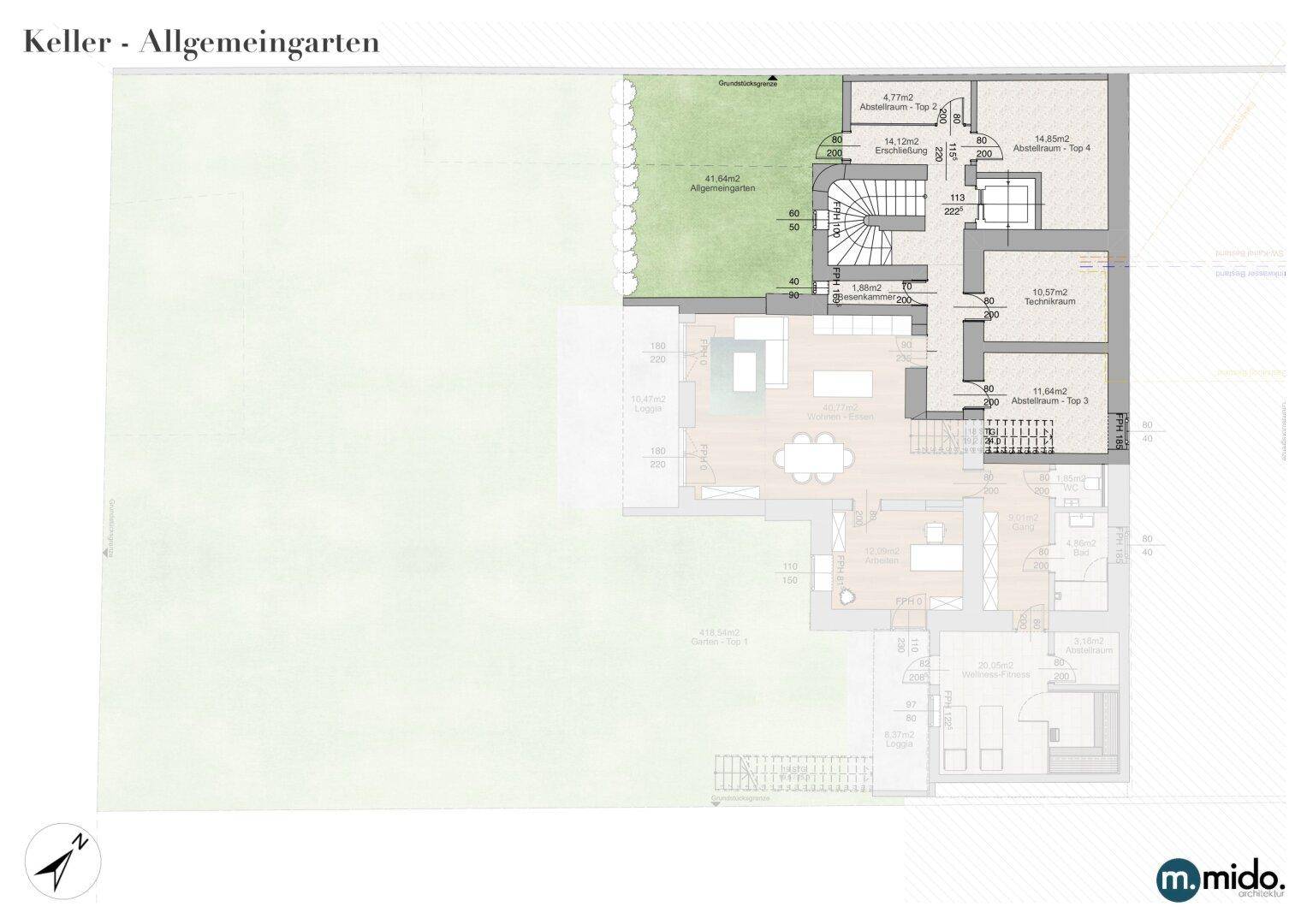 Grundriss des Kellergeschosses mit Abstellräumen, Technikraum und Zugang zum allgemeinen Garten.