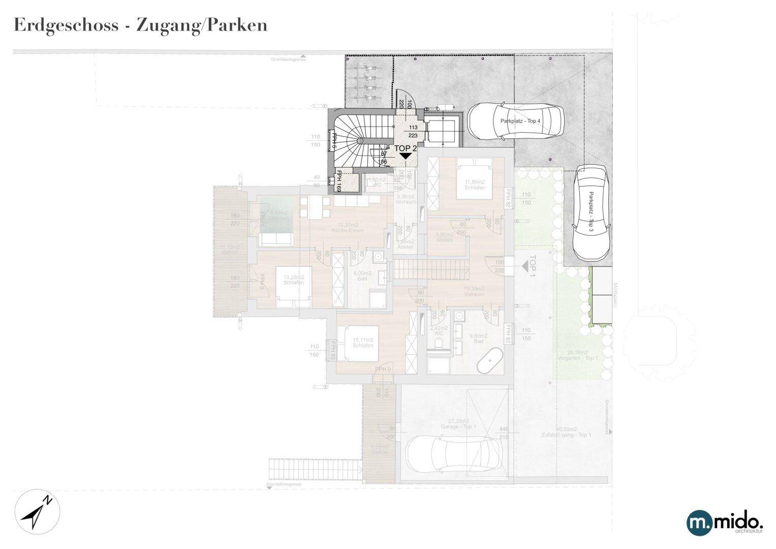 Grundriss des Erdgeschosses mit Parkplätzen und Zugang zum Gebäude, inklusive Treppenhaus.