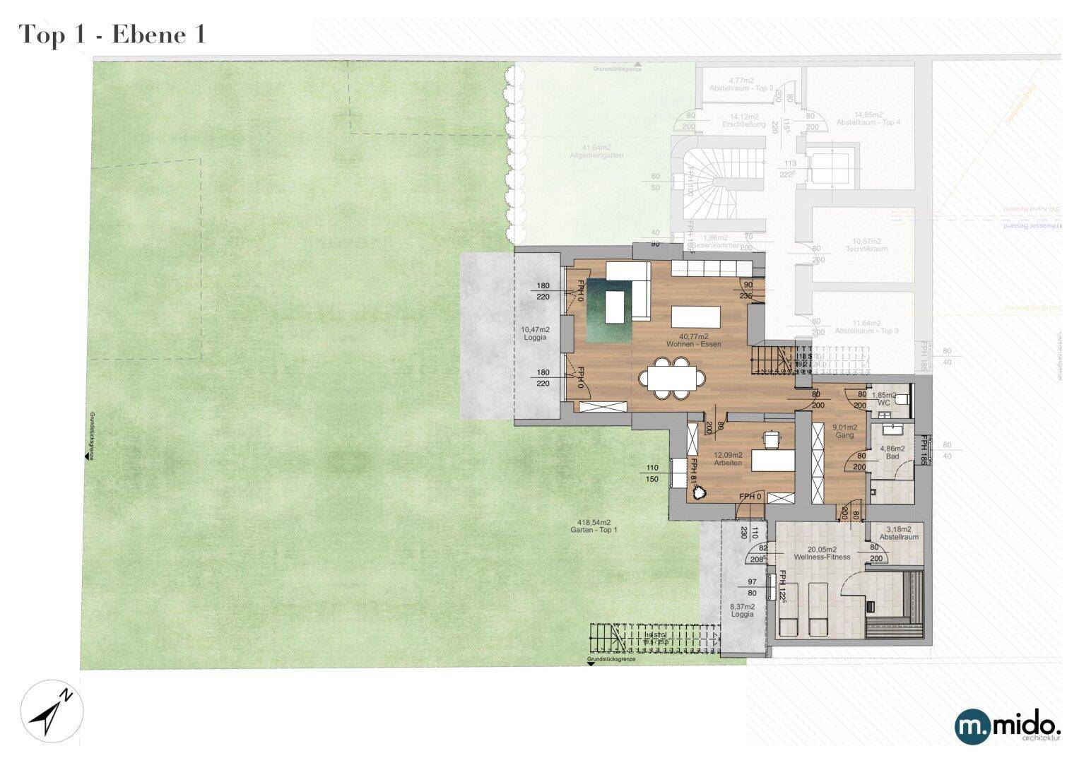 Grundriss der ersten Ebene mit offenem Wohnbereich, Loggia und Garten.