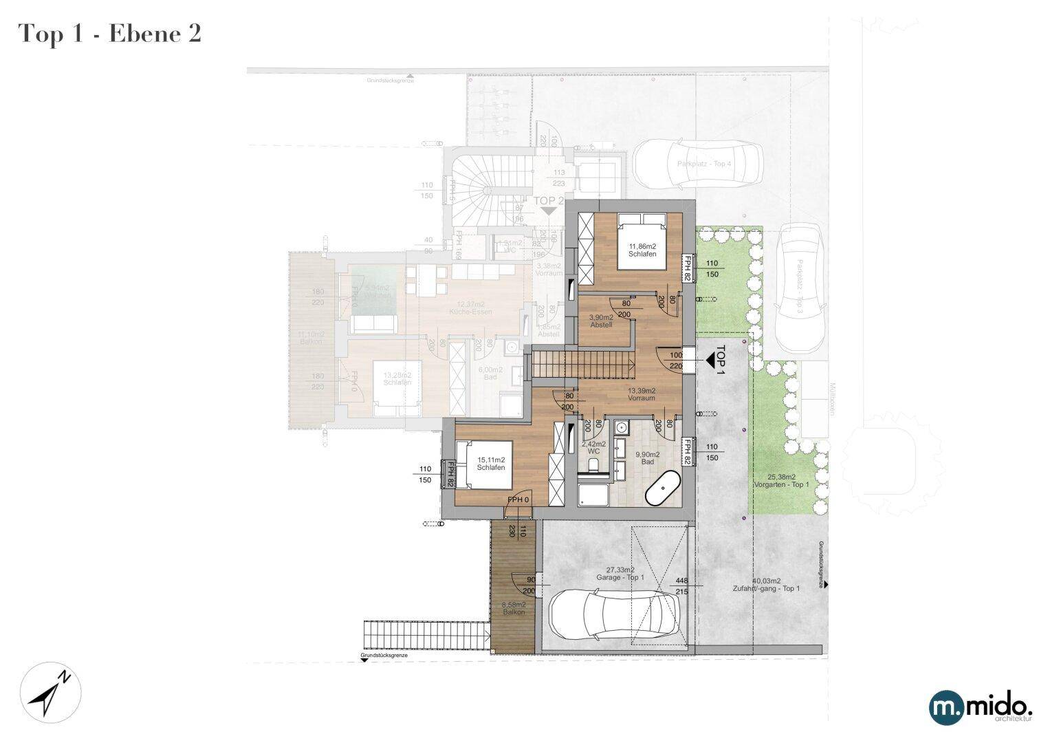 Grundriss der zweiten Ebene mit Schlafzimmern, Badezimmer und Zugang zur Garage.