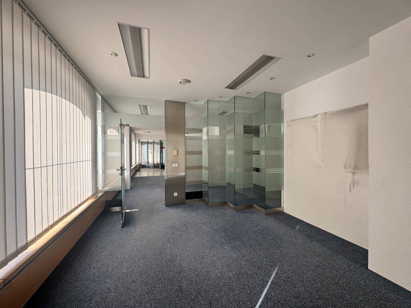 Langer, offener Bürobereich mit Teppichboden, großen Fenstern und modernen Glasregalen entlang der Wand.