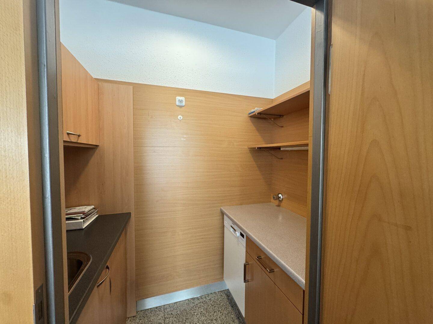 Kleine Küchenzeile mit Holzschränken, Spüle und Arbeitsplatte, ausgestattet mit einem integrierten Geschirrspüler.