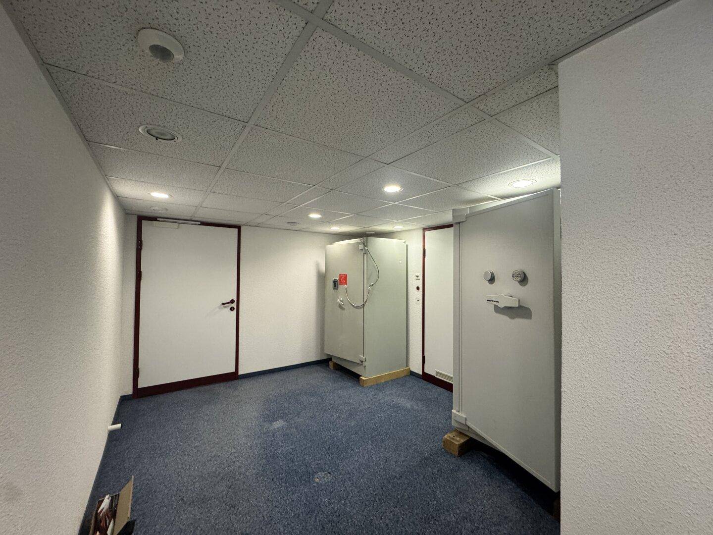 Lagerraum mit Teppichboden und mehreren großen, sicheren Tresoren, ideal für die Aufbewahrung wichtiger Gegenstände im Untergeschoss.