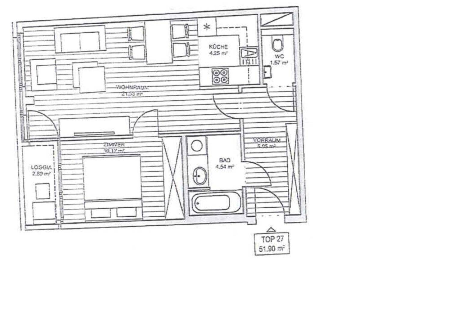 Grundriss einer Wohnung mit Wohnraum, Küche, Bad, WC und Loggia.