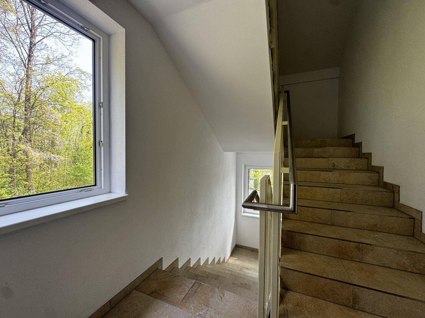 Heller Treppenaufgang mit Fliesenboden und großem Fenster mit Blick ins Grüne.