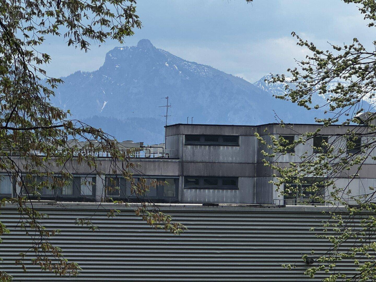 Panoramablick auf schneebedeckte Berge über den Dächern der Stadt.