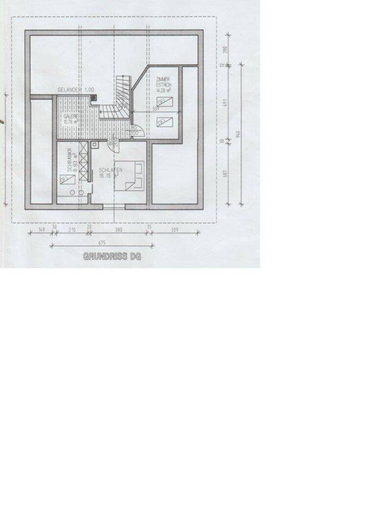 Grundriss des Dachgeschosses mit Schlafzimmer, Galerie und Abstellraum.