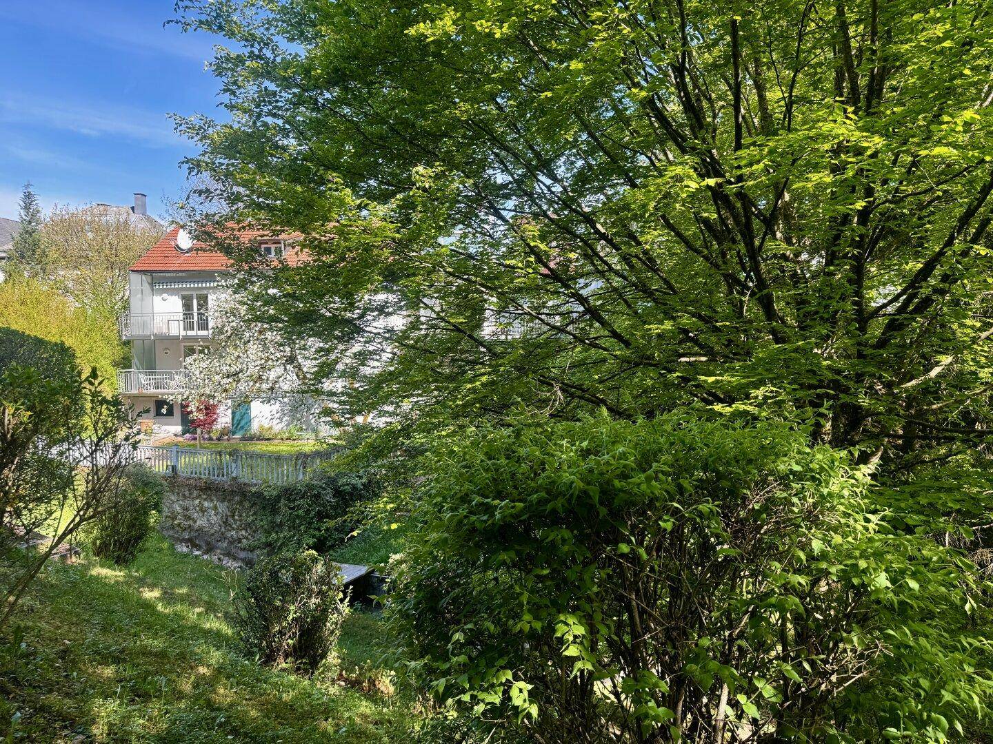 Blick durch dichtes Grün auf ein weißes Gebäude mit Balkonen unter blauem Himmel.