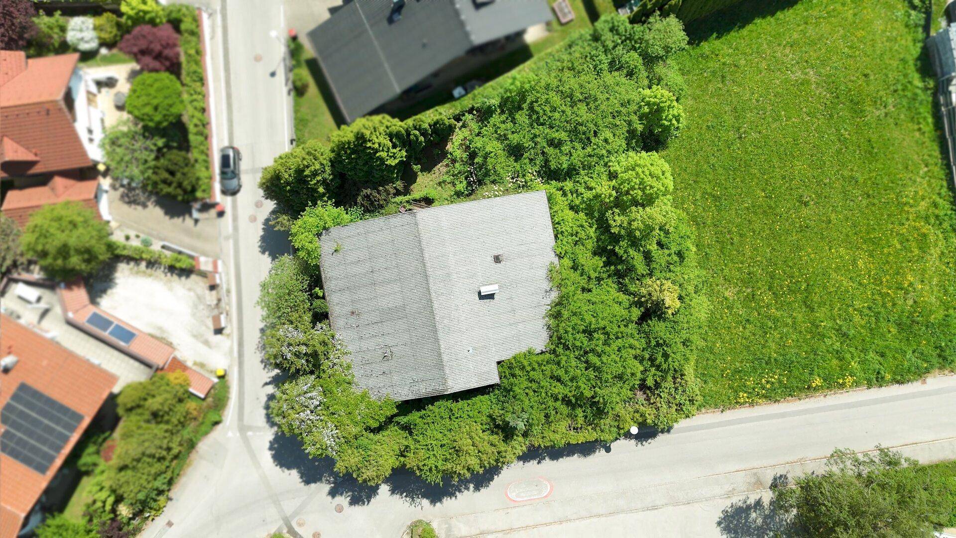 Vogelperspektive eines Hauses mit großem Grundstück, umgeben von Bäumen und einer Straße.